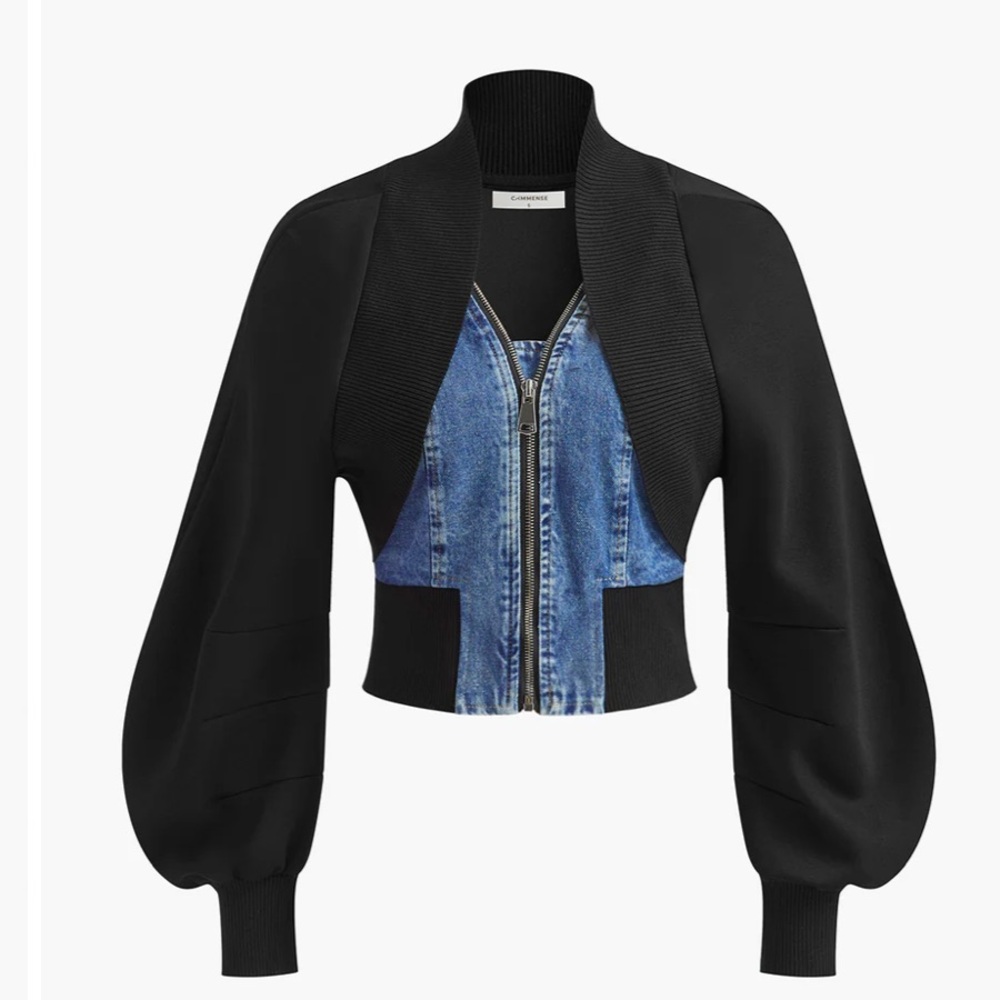 Puff-Sleeve Denim Panel Slim Jacket